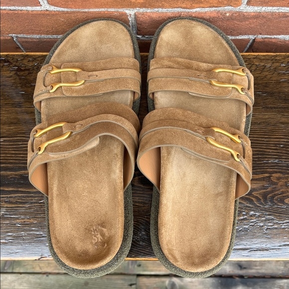 Sartore Women’s Tan Suede Slide Insole Sandals with Gold Accents - Picture 5 of 10